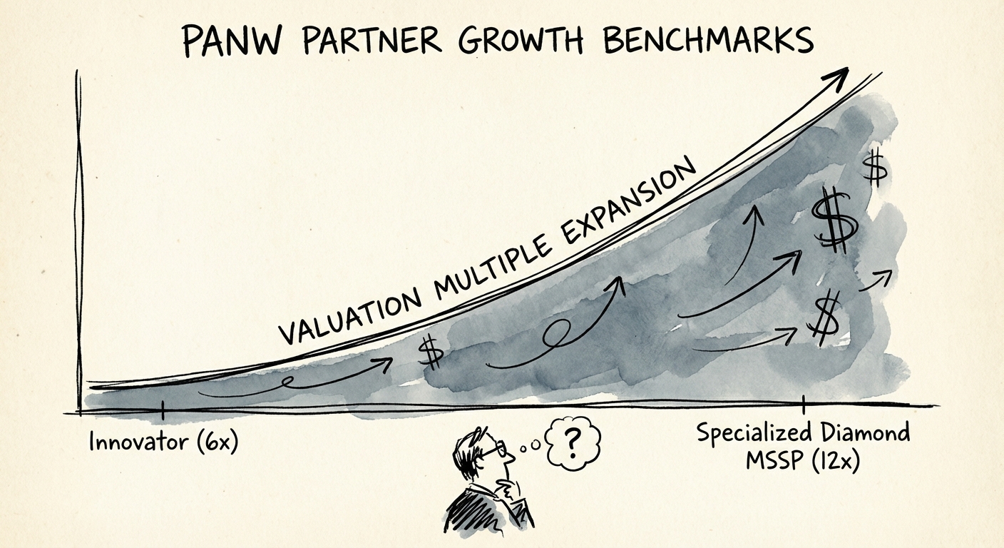 Graph showing valuation multiple expansion for Palo Alto Networks partners from Innovator (6x) to specialized Diamond MSSP (12x)