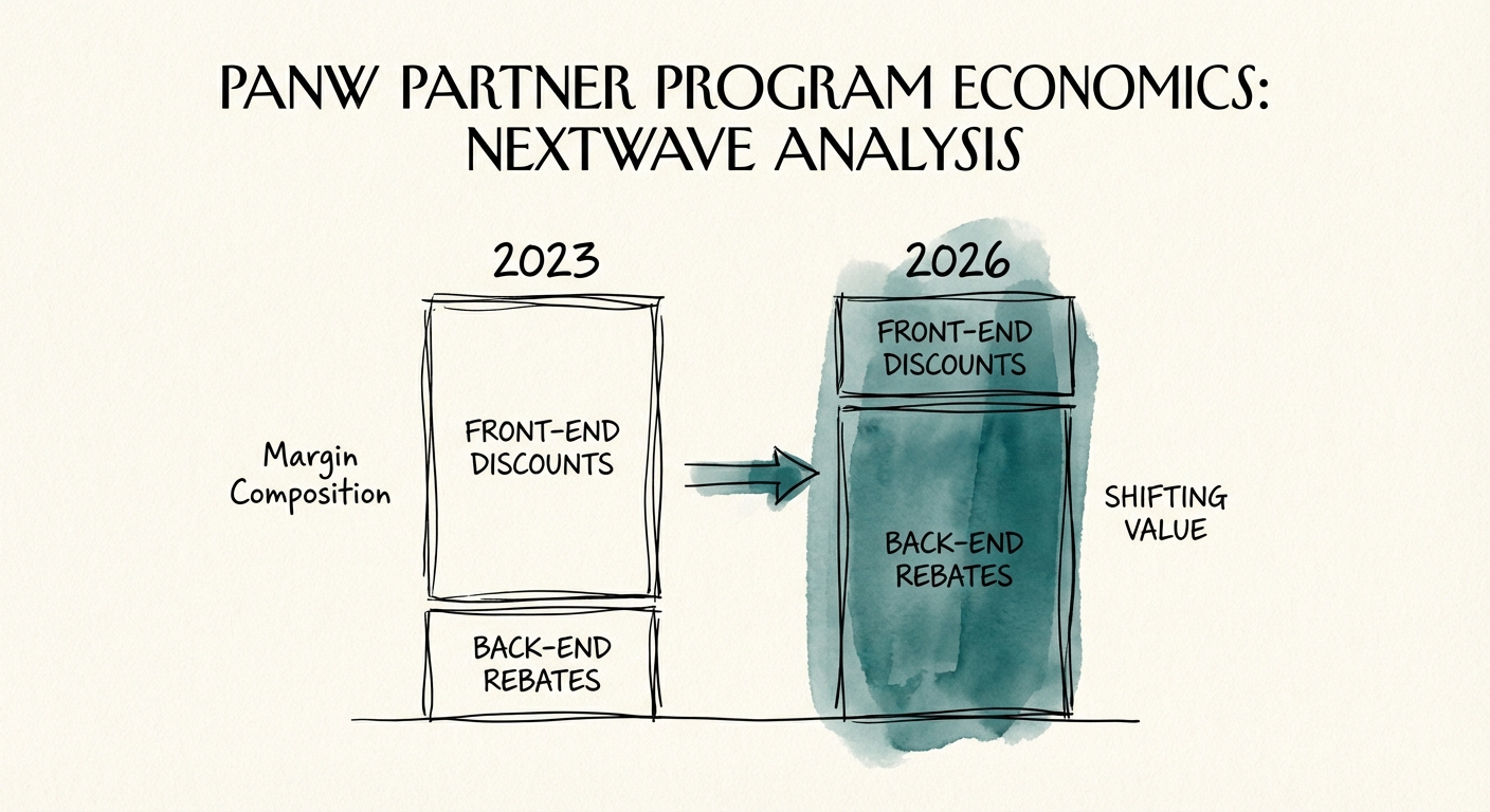 Chart showing Palo Alto Networks partner margin composition shifting from front-end discounts to back-end rebates between 2023 and 2026.