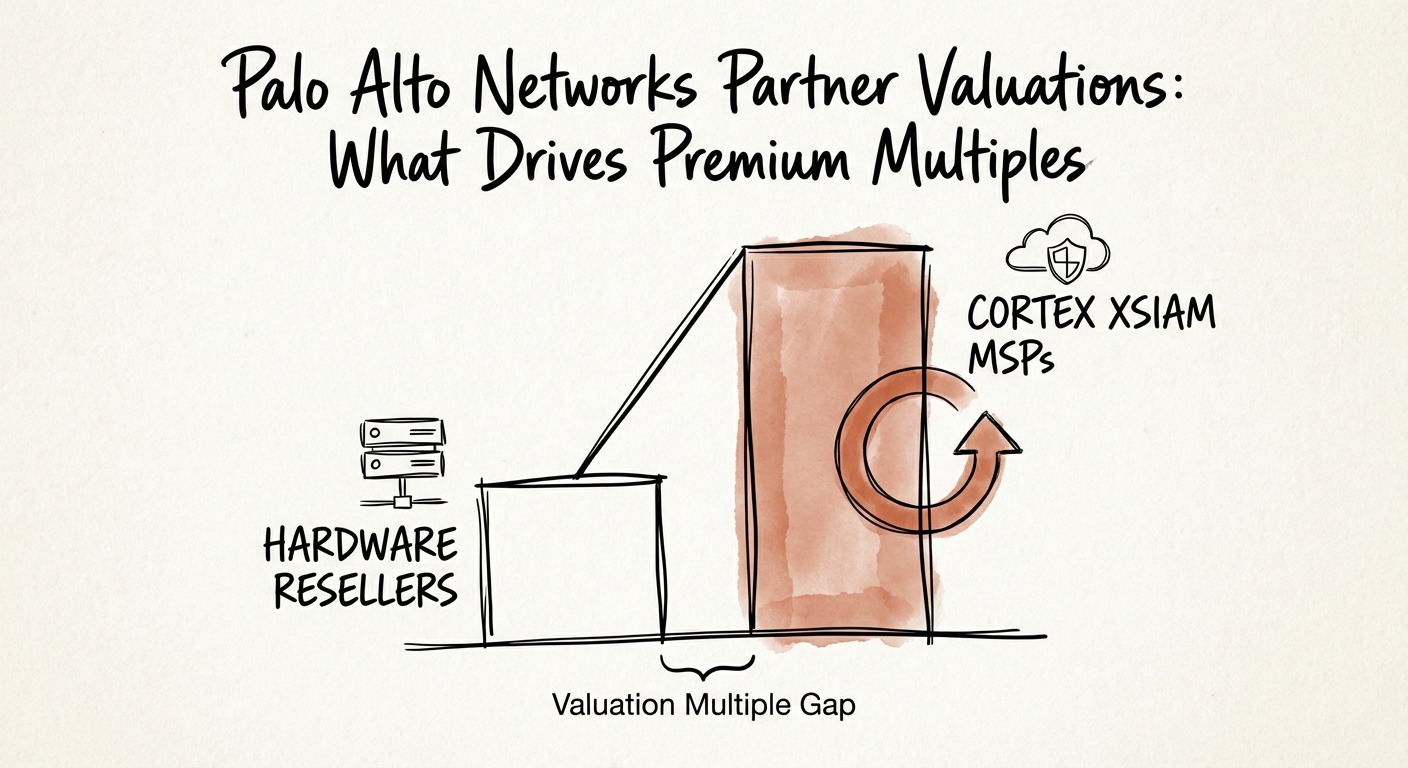 Chart showing valuation multiple gap between Palo Alto Networks hardware resellers and Cortex XSIAM managed service providers.