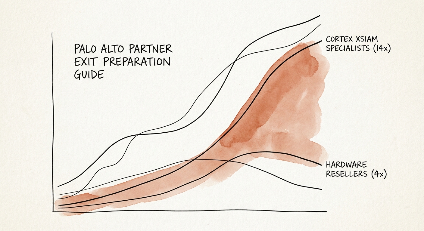 Graph showing valuation multiple divergence between Palo Alto hardware resellers (4x) and Cortex XSIAM specialists (14x)