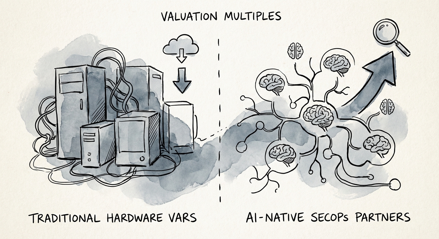 A split-screen visualization comparing the valuation multiples of traditional hardware VARs versus AI-native SecOps partners.