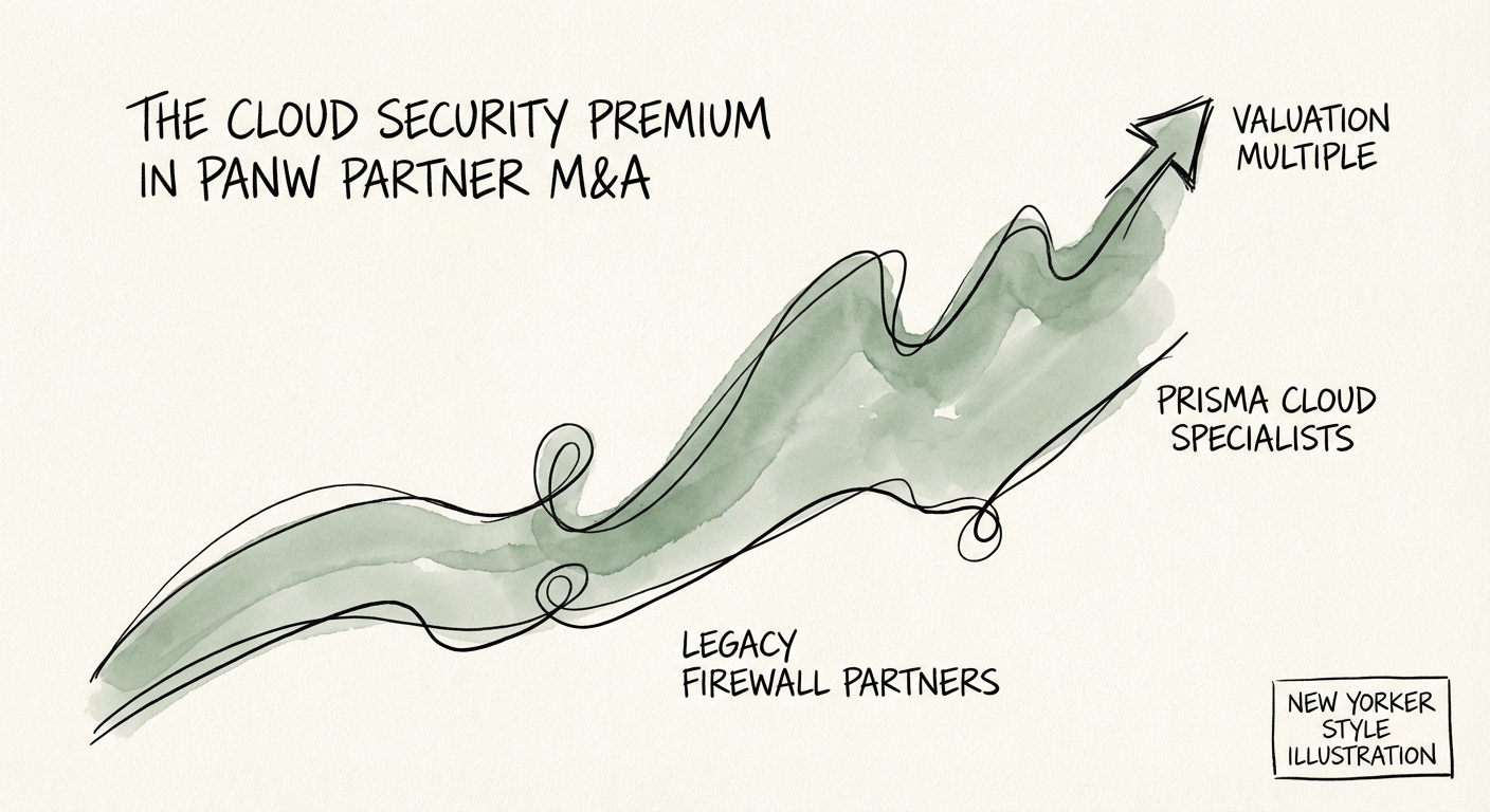 Graph showing valuation multiple divergence between legacy firewall partners and Prisma Cloud specialists