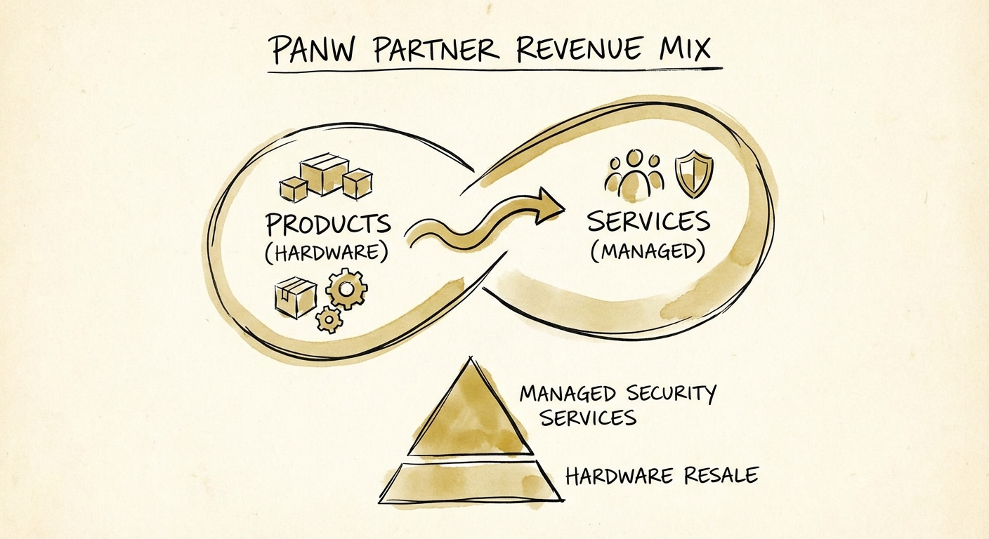 Visual breakdown of gross margin hierarchy from hardware resale to managed security services.