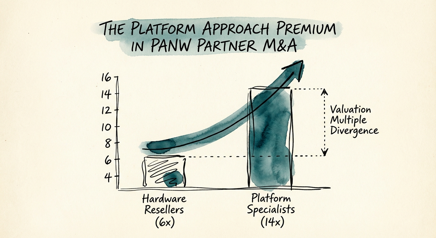 Graph showing valuation multiple divergence between Hardware Resellers (6x) and Platform Specialists (14x) in the Palo Alto Networks ecosystem.