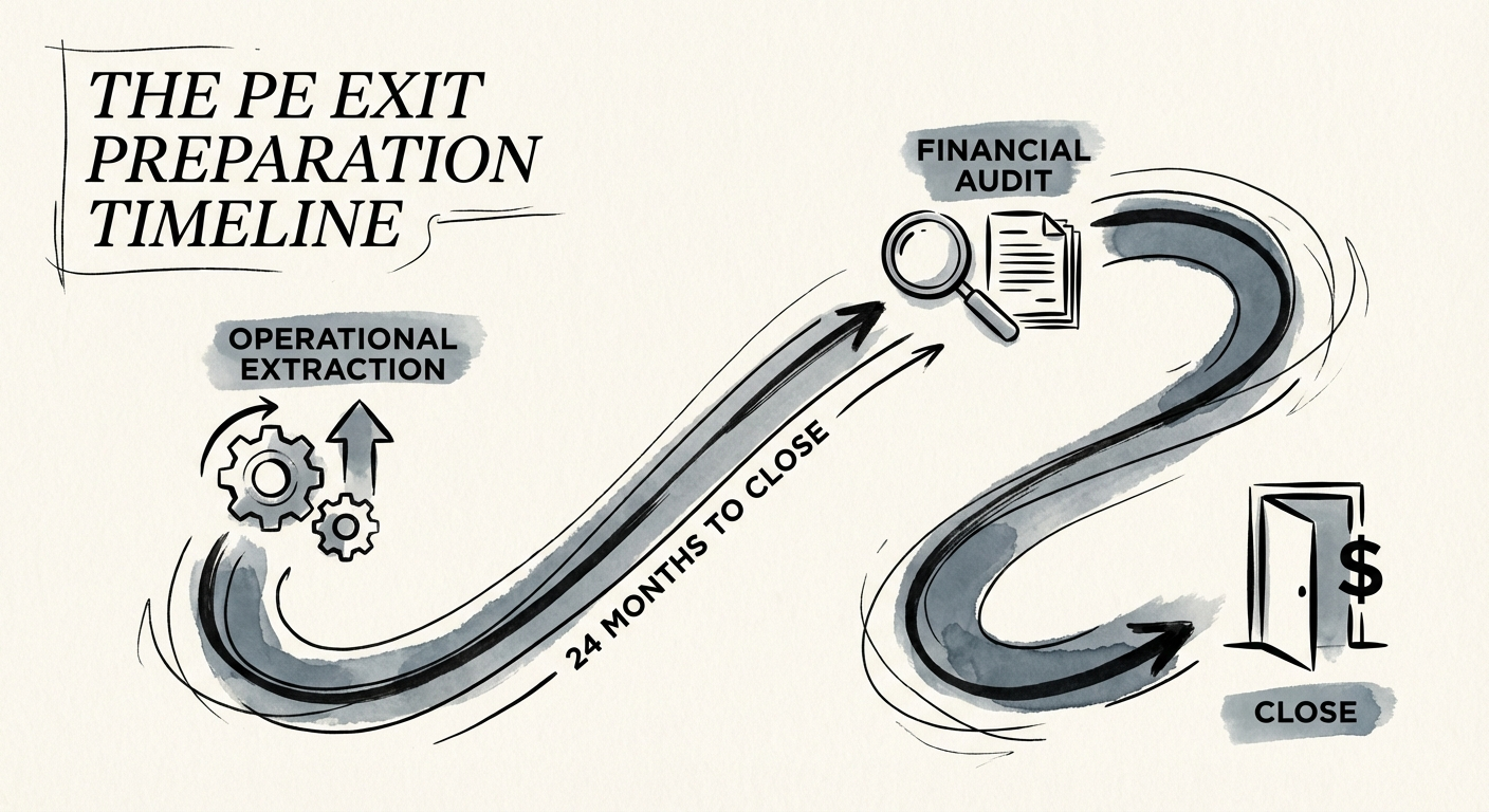 Timeline visualization of a 24-month private equity exit preparation strategy showing phases of operational extraction and financial audit.