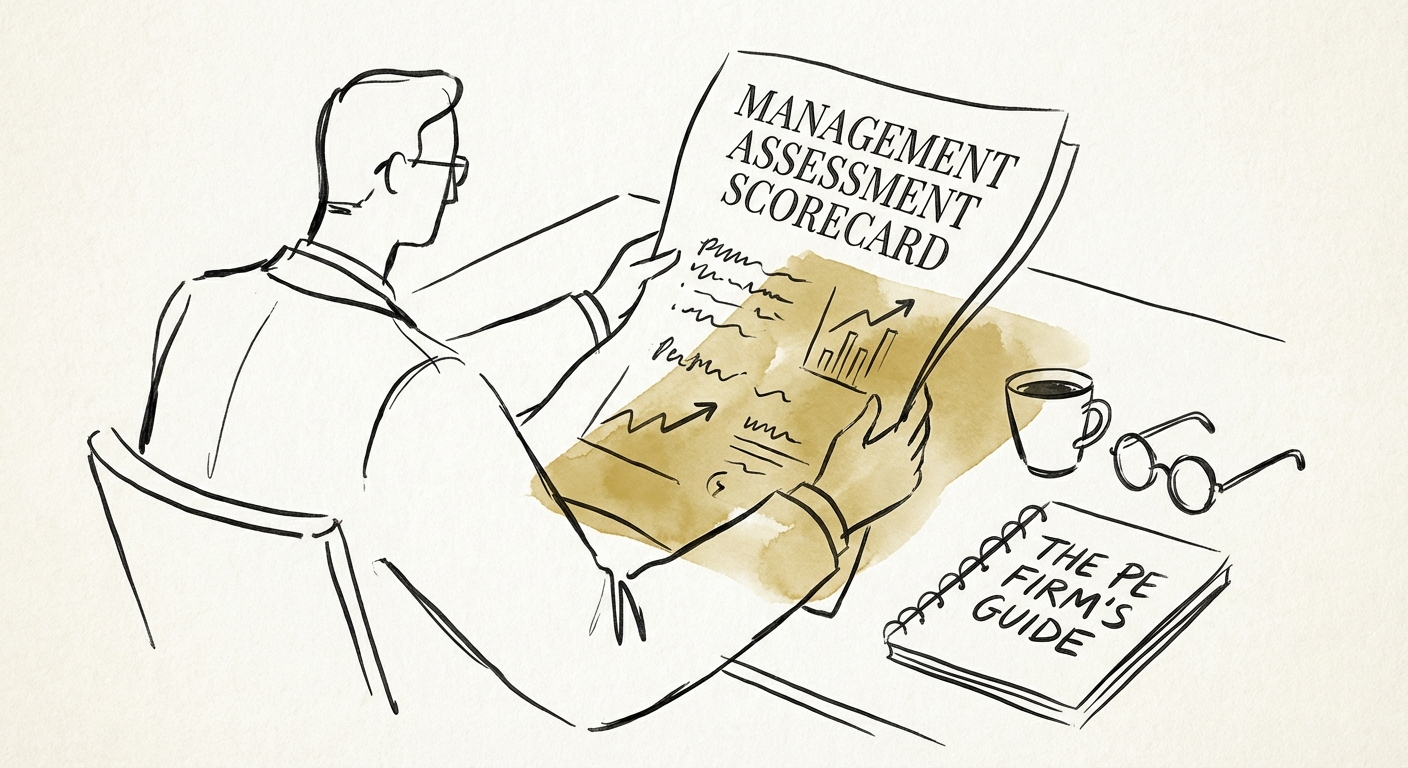 Private Equity Operating Partner reviewing management assessment scorecard with digital overlay of performance metrics.