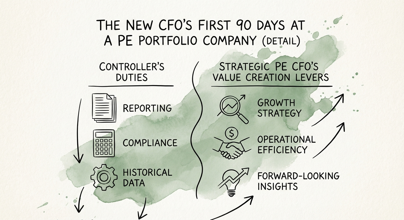 Infographic showing the 3-sprint timeline for a new PE CFO: Cash Audit, Reporting Engine, and Strategic Pivot.