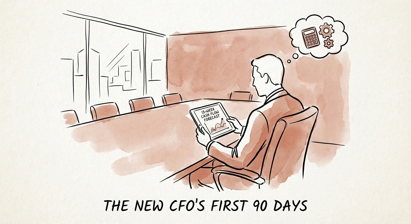 A strategic CFO analyzing a 13-week cash flow forecast dashboard on a tablet in a modern office.