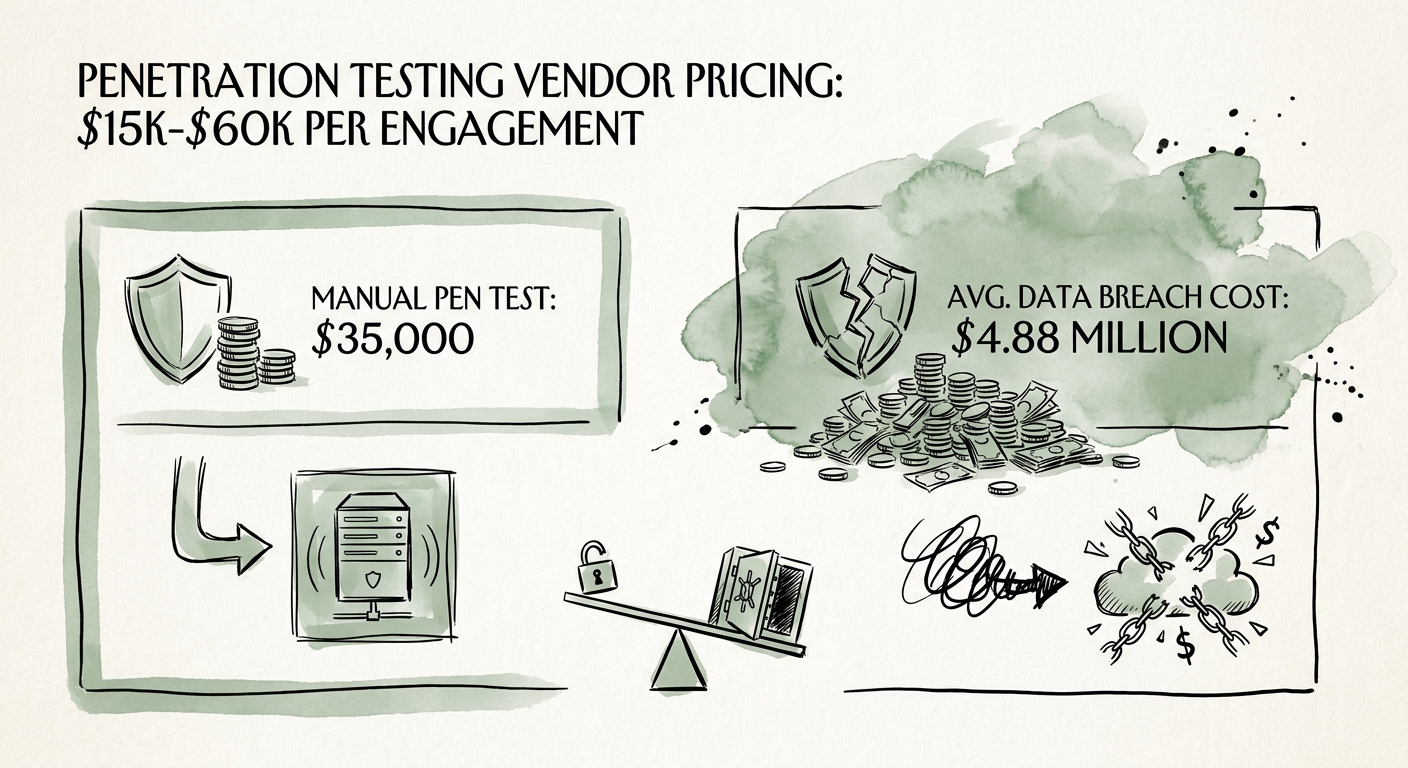 A financial dashboard contrasting the $35,000 cost of a manual penetration test against the $4.88 million average cost of a data breach.