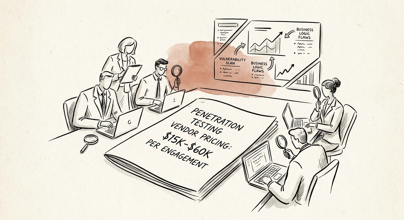 A technical due diligence team reviewing a penetration testing report displaying business logic flaws over a vulnerability scan dashboard.