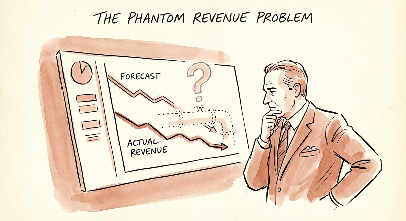 Executive analyzing sales pipeline data on a dashboard showing a large gap between forecasted and actual revenue.