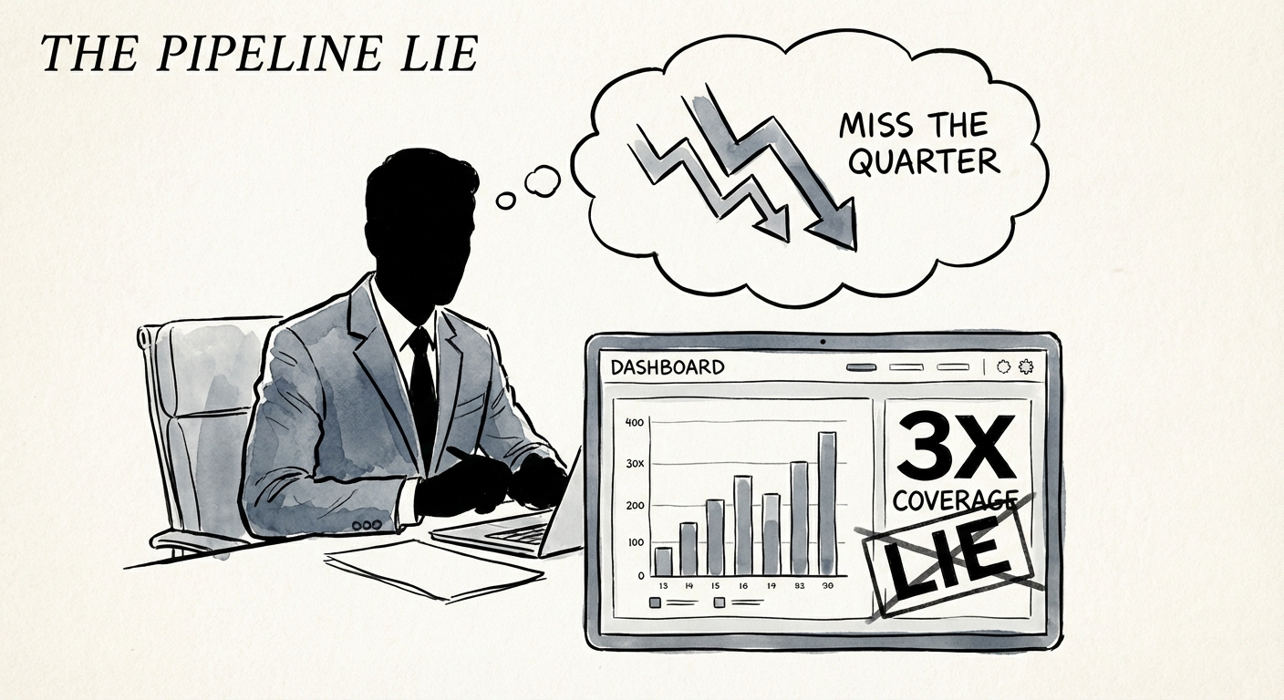 A sales executive looking at a digital dashboard showing declining pipeline coverage metrics.