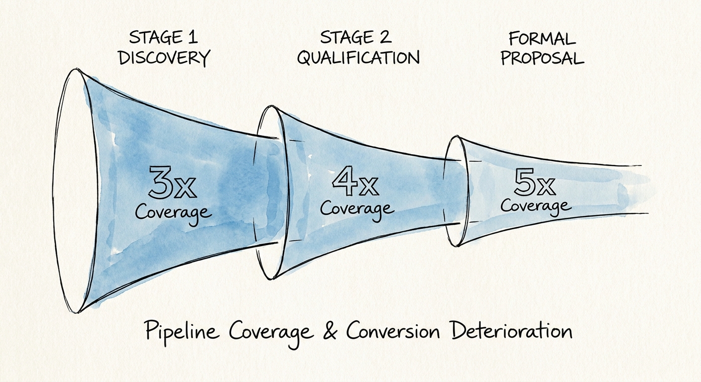 Diagram showing pipeline conversion deterioration from Stage 1 discovery through formal proposal.