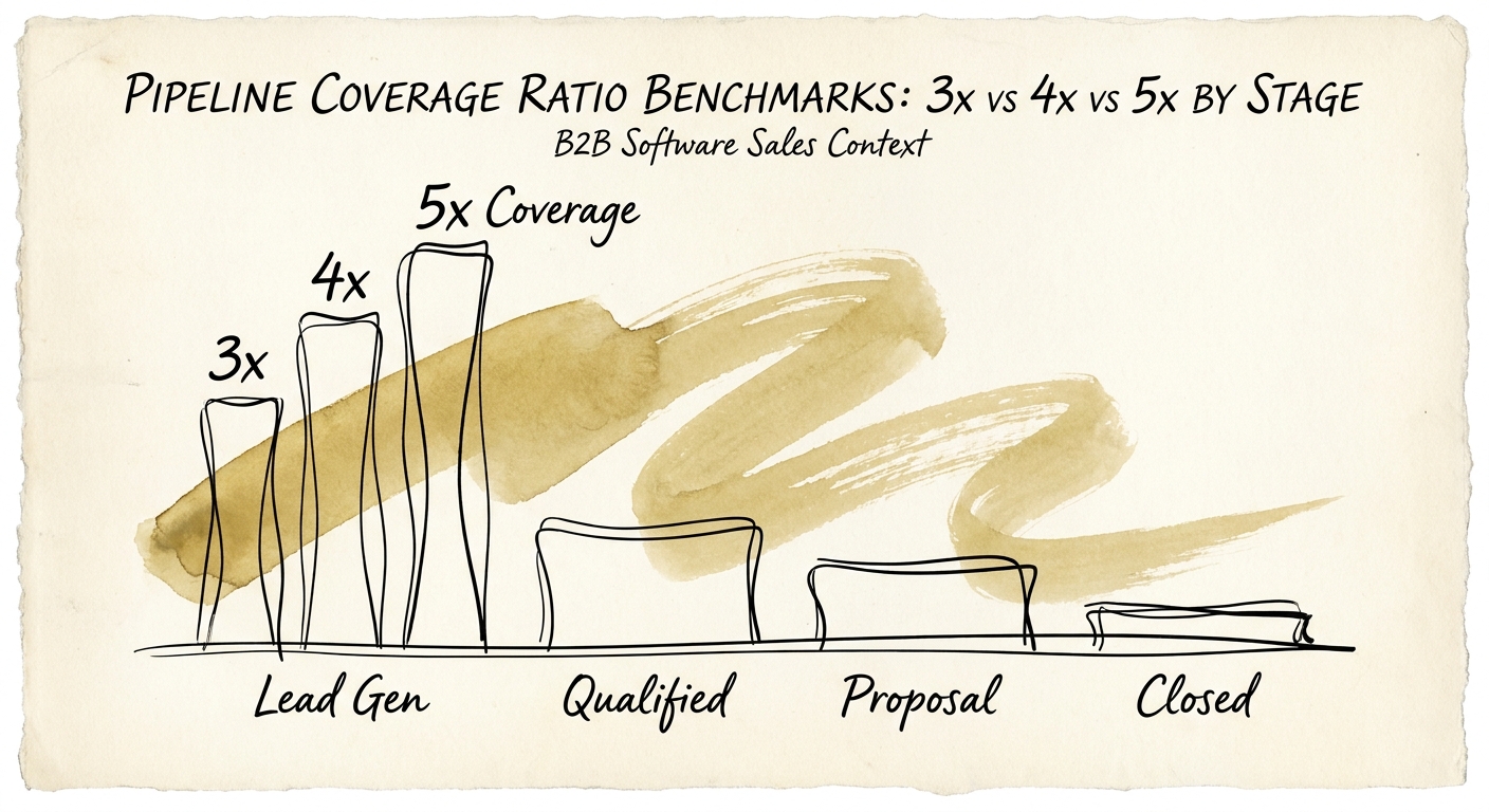Bar chart comparing 3x, 4x, and 5x pipeline coverage ratios across different B2B software sales stages.