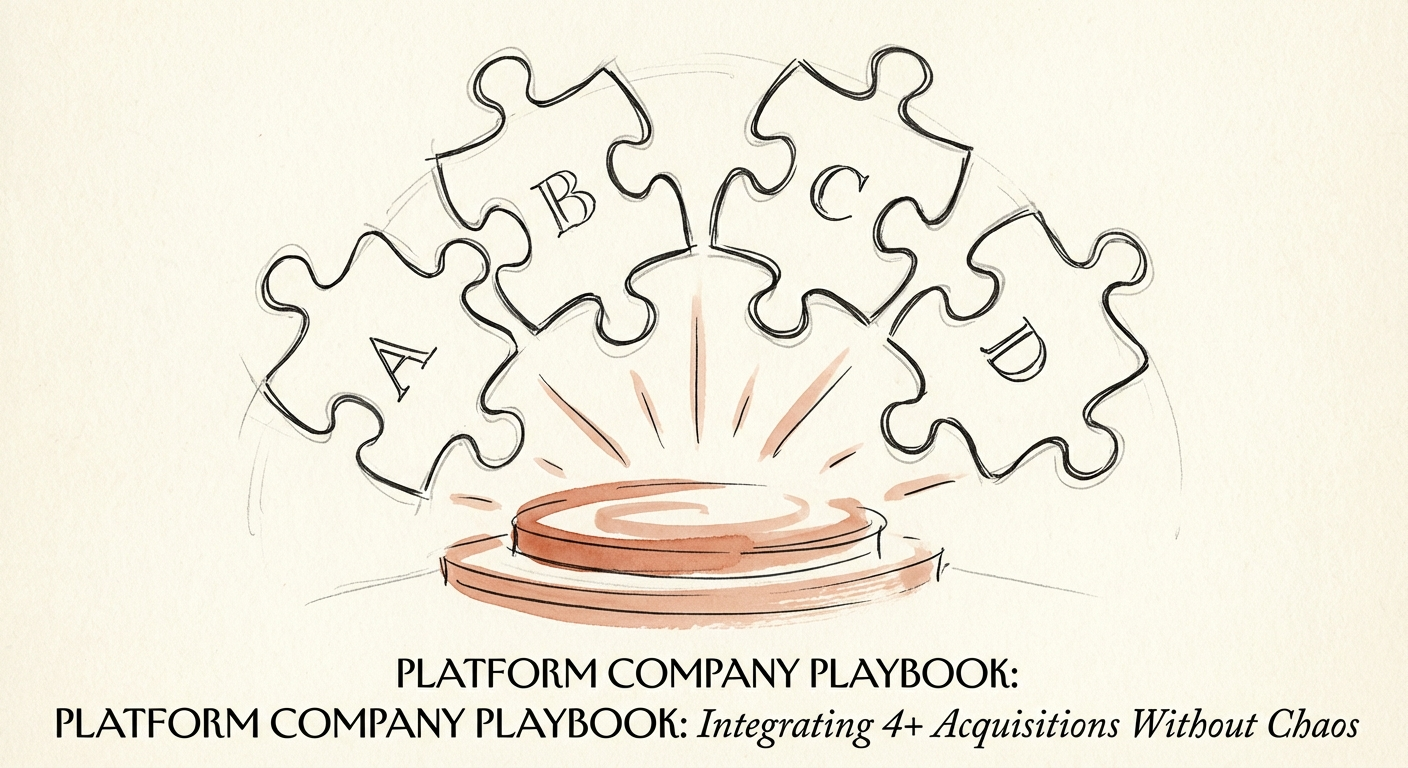 Abstract visualization of four distinct puzzle pieces merging into a single, unified, glowing platform structure.