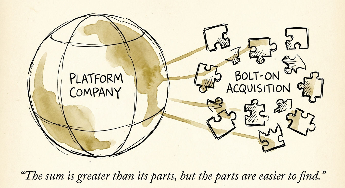 Abstract visualization of a fractured puzzle becoming a solid sphere, representing bolt-on integration into a platform company.