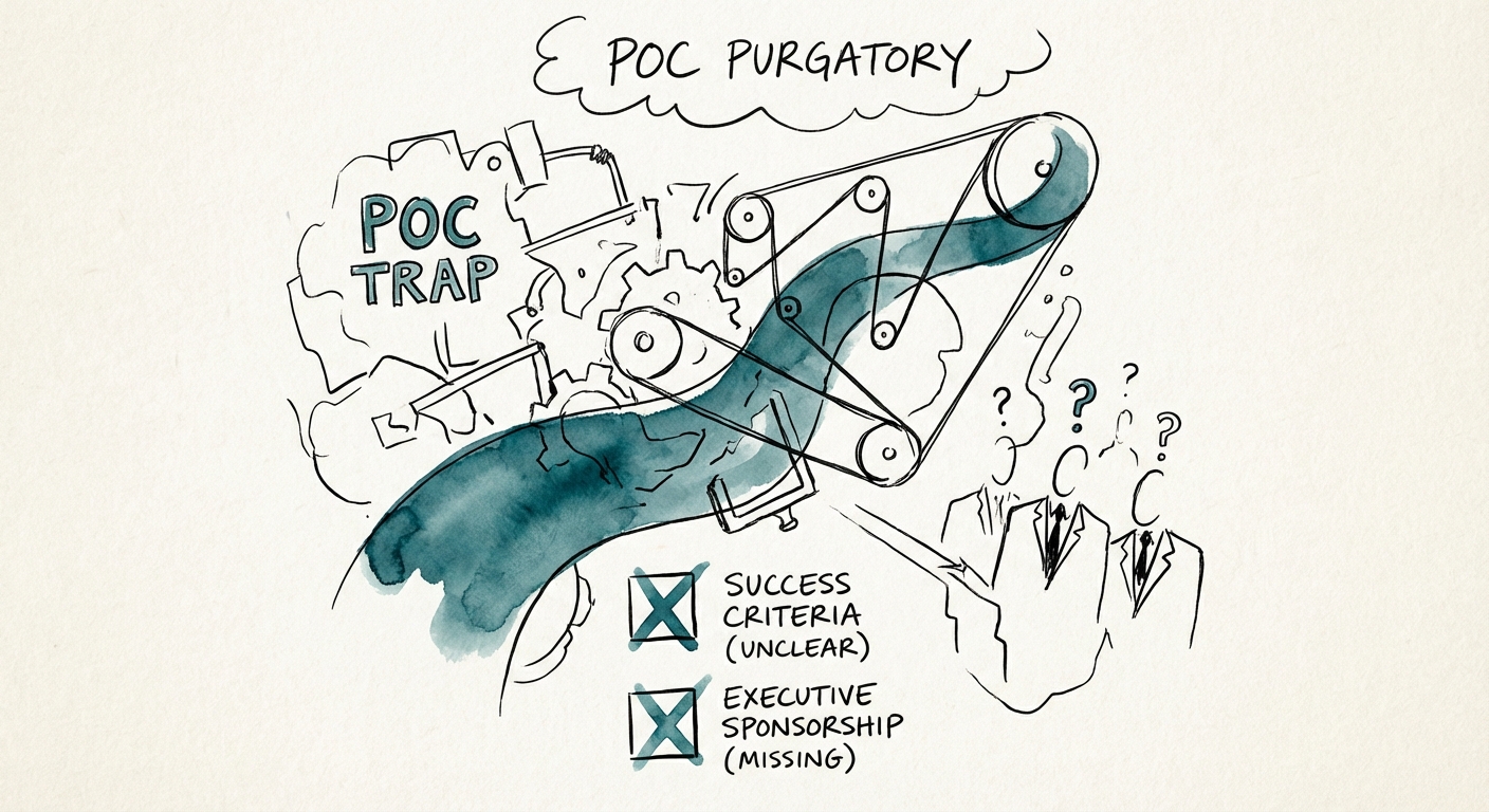 Diagnostic checklist for 'POC Purgatory' highlighting success criteria and executive sponsorship gaps.