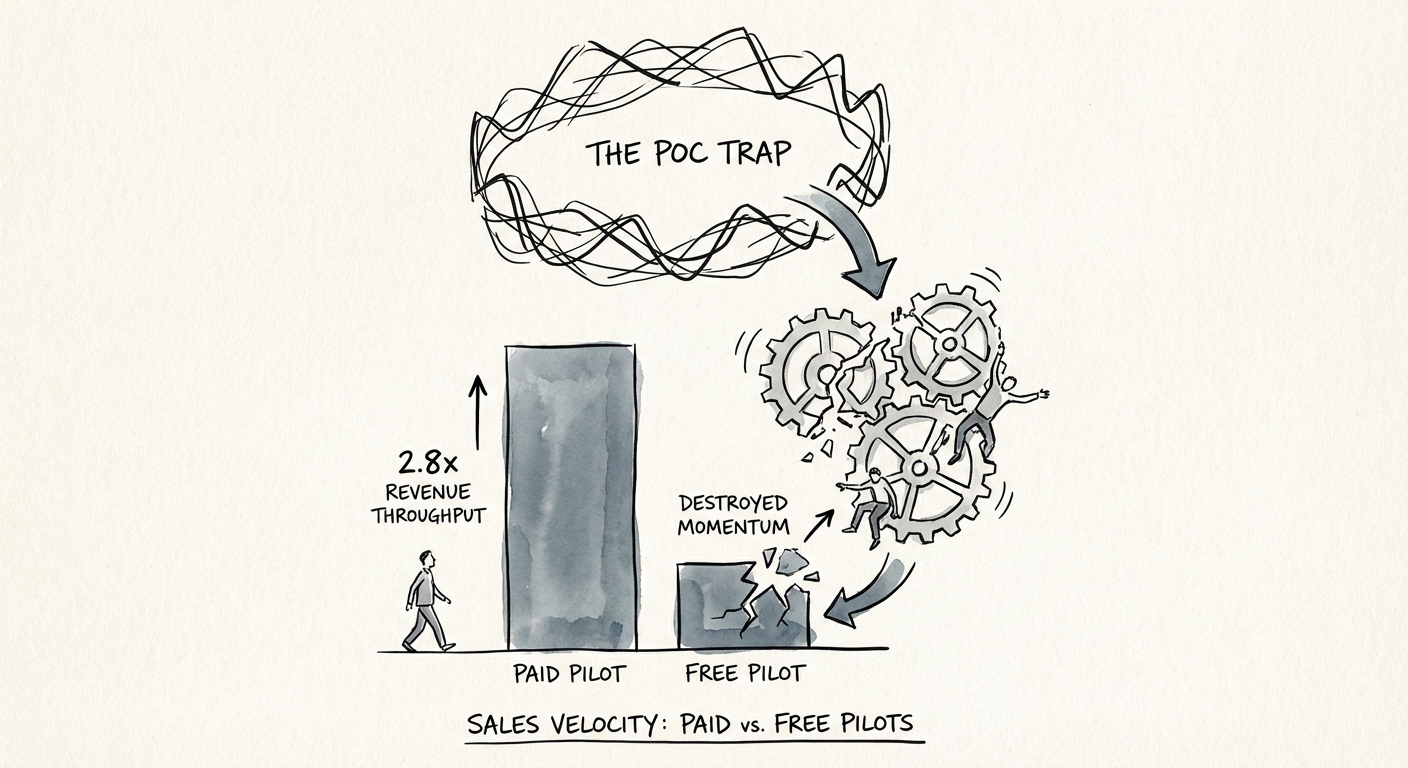 Chart comparing sales velocity of paid pilots versus free pilots showing a 2.8x difference in revenue throughput.