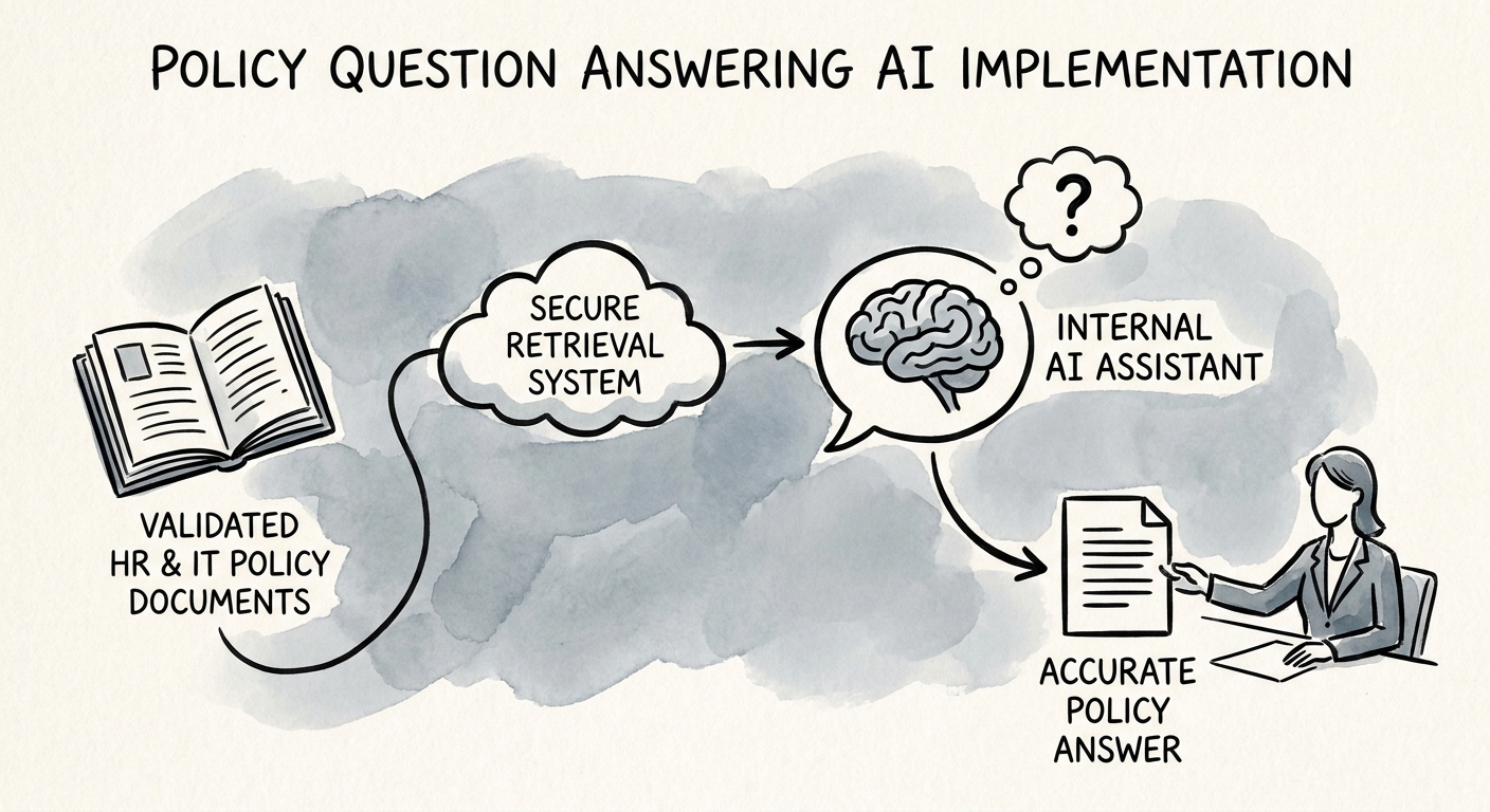 Professional services policy AI implementation plan showing source approval, permissions, review, and measurement.