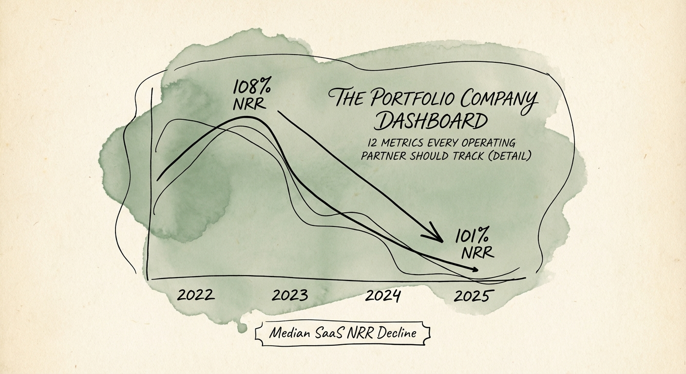 Graph showing the decline in median SaaS NRR from 108% to 101%
between 2022 and 2025.