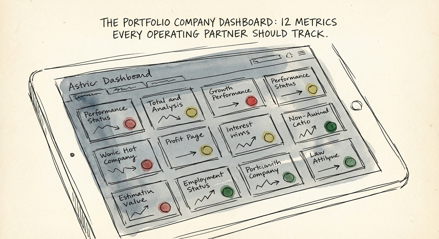 Dashboard screen showing 12 key metrics for private equity portfolio monitoring with red, yellow, and green status indicators.