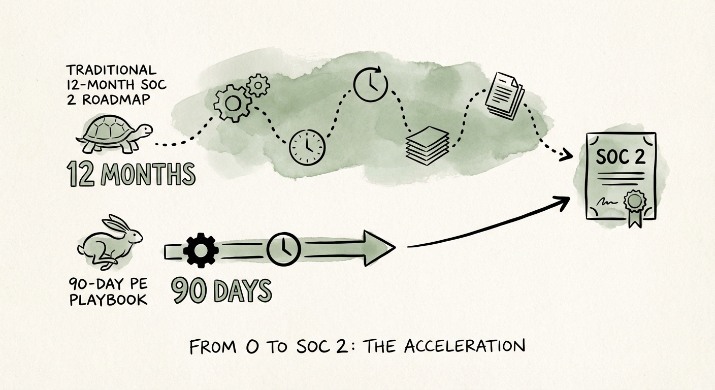 A timeline comparison showing traditional 12-month SOC 2 roadmap vs the 90-day accelerated PE playbook