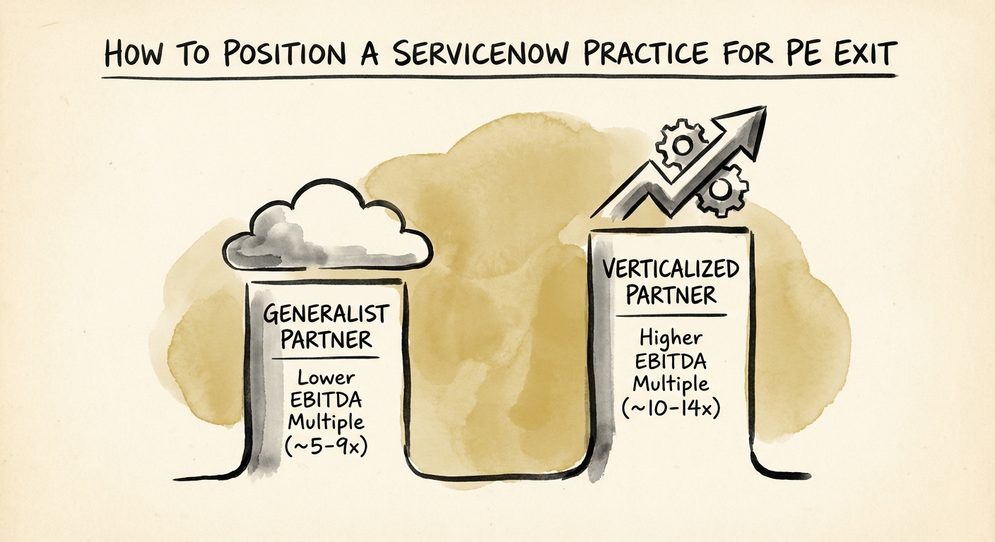 Comparison chart showing EBITDA multiples for Generalist vs Verticalized ServiceNow Partners