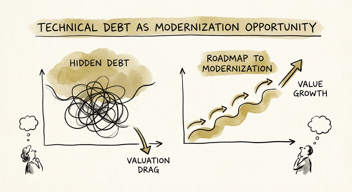 Chart comparing valuation impact of 'hidden' technical debt versus 'roadmapped' modernization opportunities.