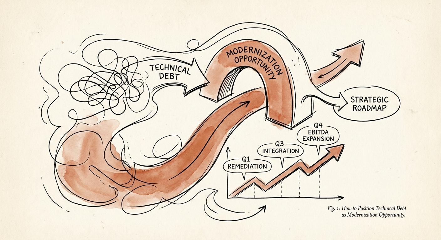 A strategic roadmap visualization showing technical debt remediation timeline alongside projected EBITDA expansion.