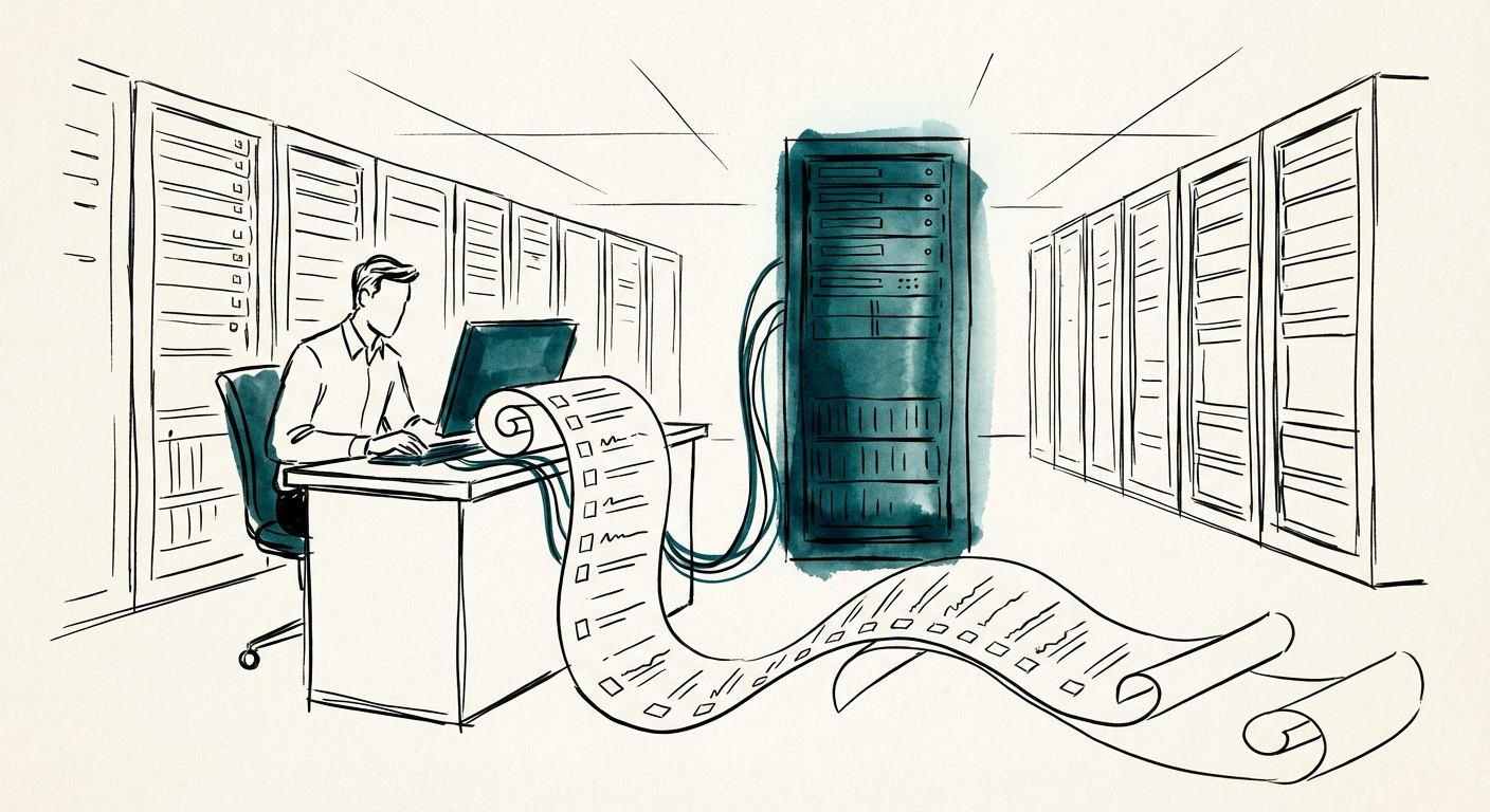 IT administrator executing a server lockdown checklist in a server room.