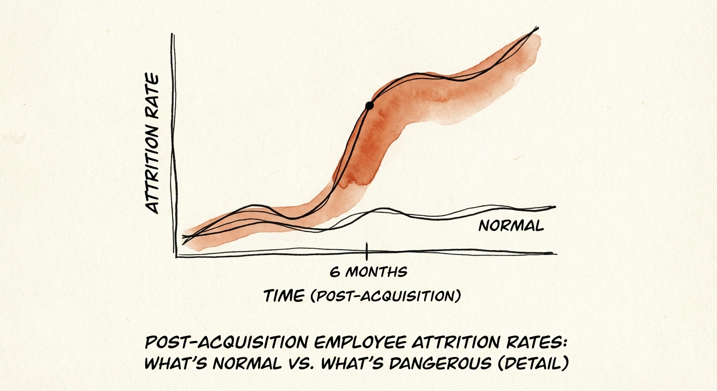 Graph showing employee attrition spikes at 6 months post-acquisition