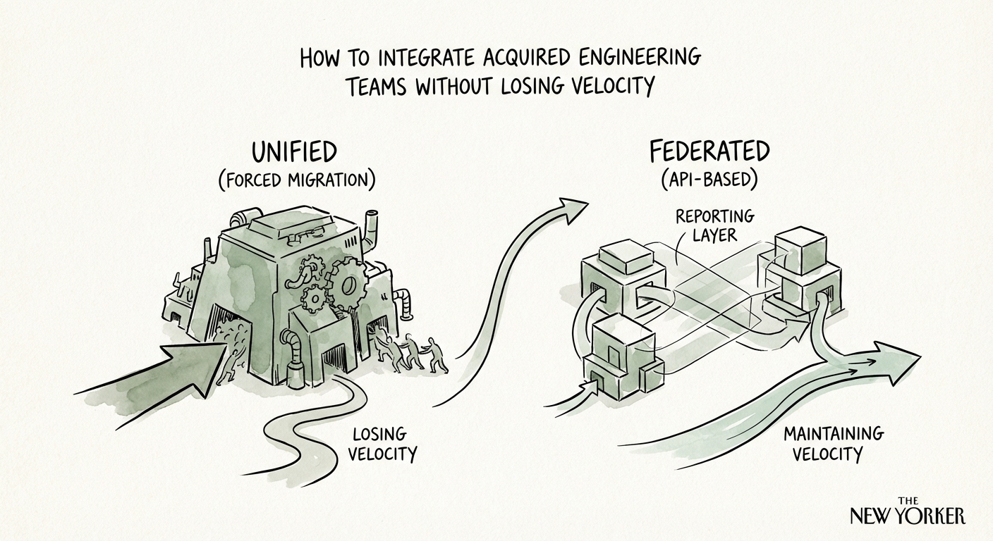 Diagram comparing 'Unified' integration (forced migration) vs. 'Federated' integration (API-based reporting layer).