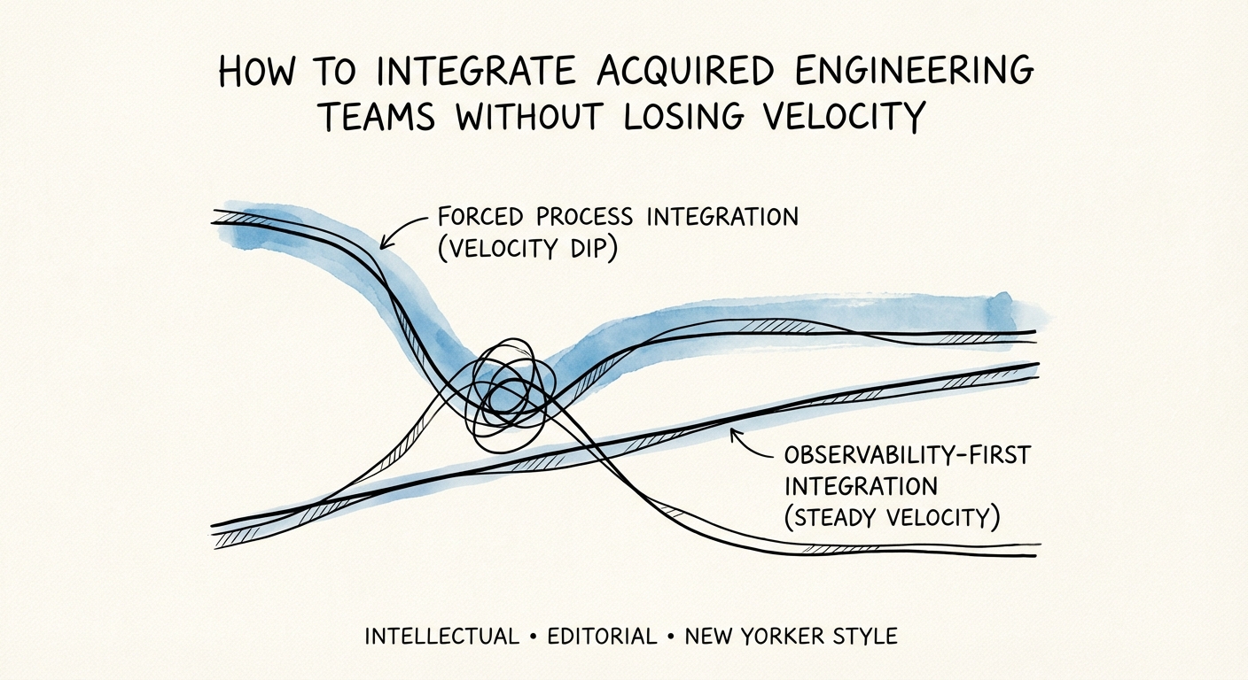 A line graph showing engineering velocity dipping sharply after acquisition due to forced process integration versus a steady line for observability-first integration.