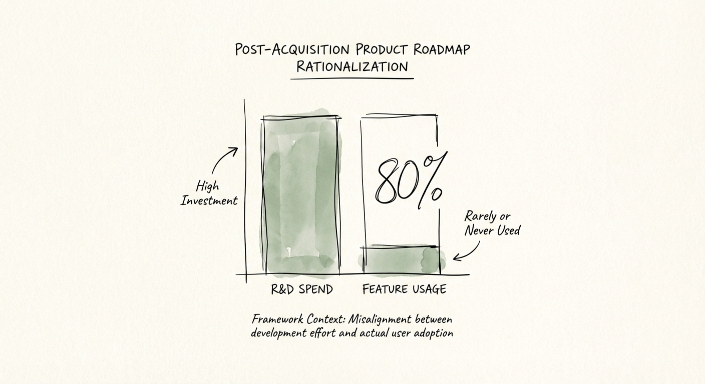 Bar chart comparing expected feature usage versus actual adoption rates in post-acquisition software companies.