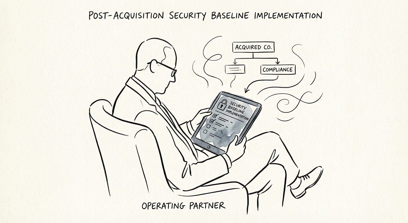 Private Equity Operating Partner reviewing a post-acquisition security baseline checklist on a tablet