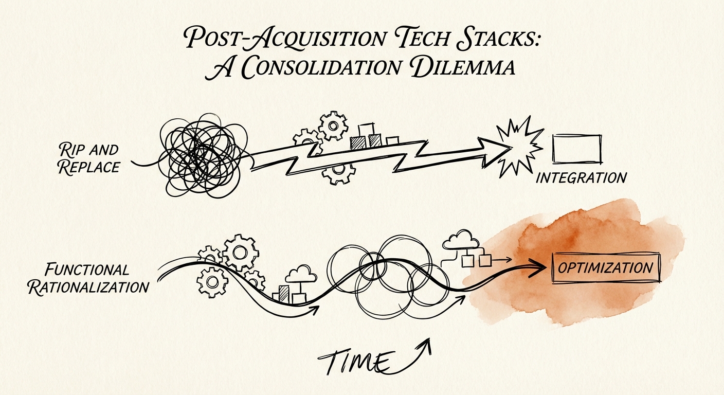 A chart comparing the 'Rip and Replace' integration timeline versus a 'Functional Rationalization' timeline.
