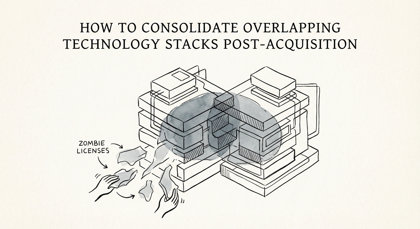 A conceptual digital illustration showing two merging technology stacks with highlighted areas of overlap and 'zombie' licenses being removed.
