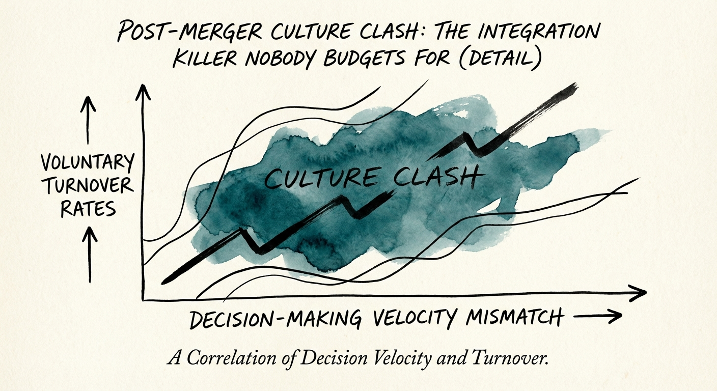 Chart showing the correlation between decision-making velocity
mismatch and voluntary turnover rates in M&A.