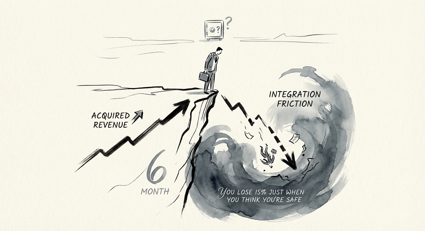 Graph showing customer churn spiking at month 6 post-merger due to integration friction
