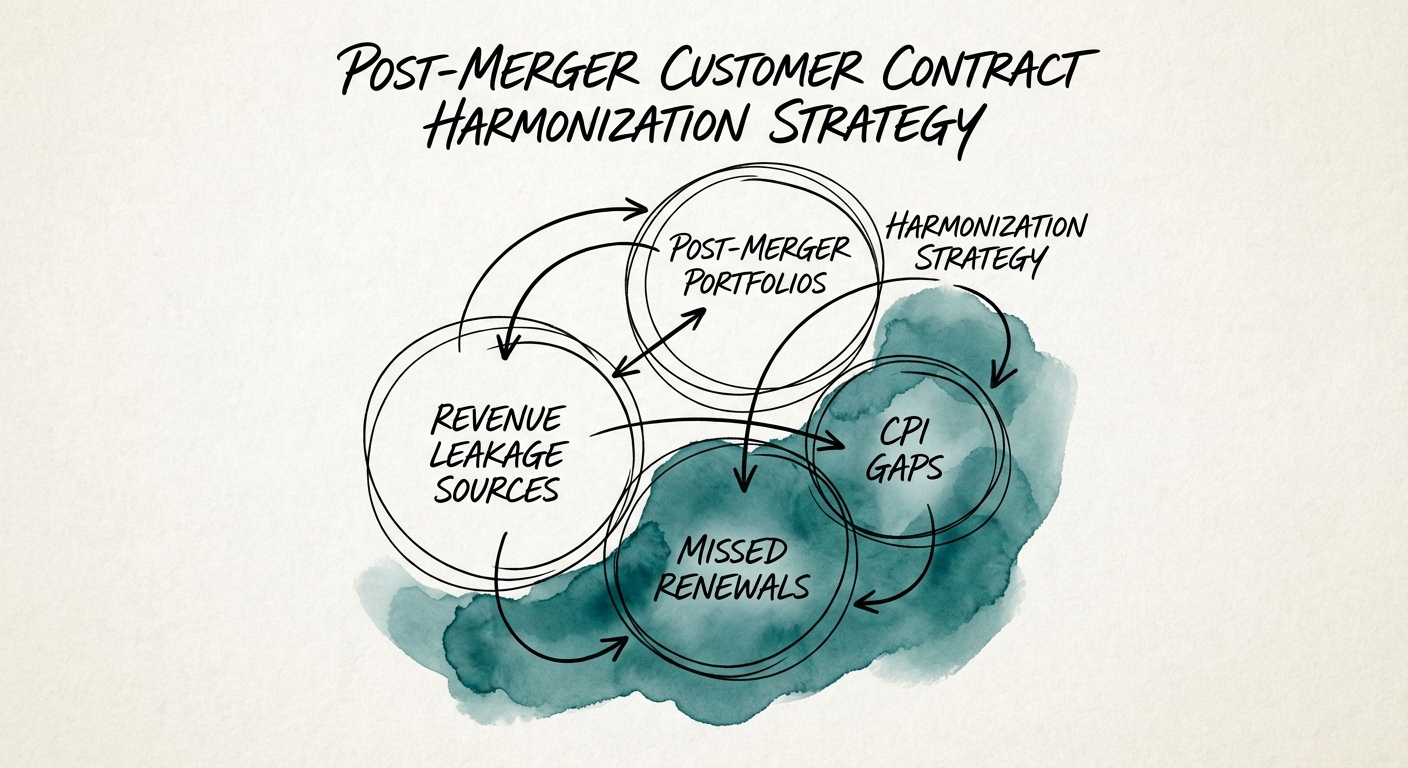 Chart showing revenue leakage sources in post-merger portfolios including CPI gaps and missed renewals.