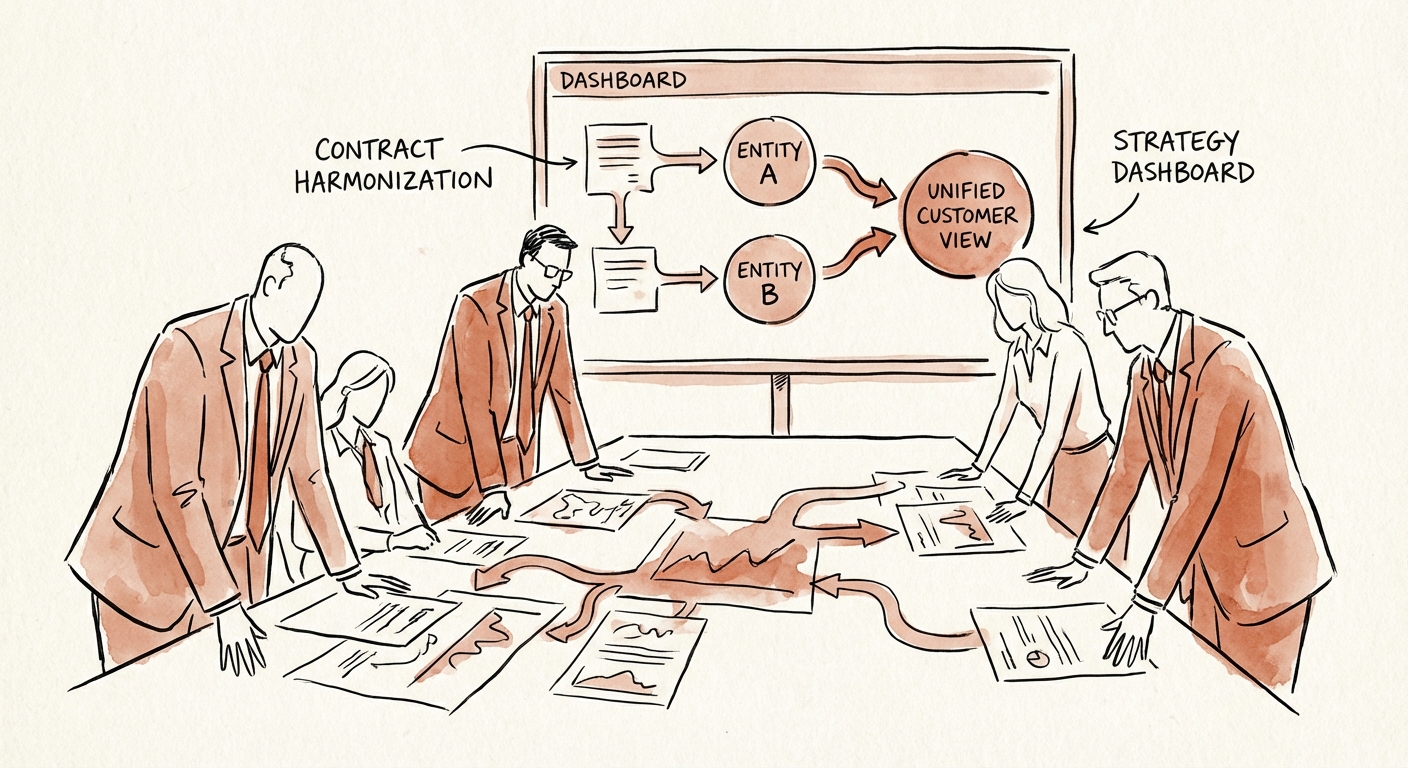Executive team reviewing contract harmonization strategy dashboard during post-merger integration.