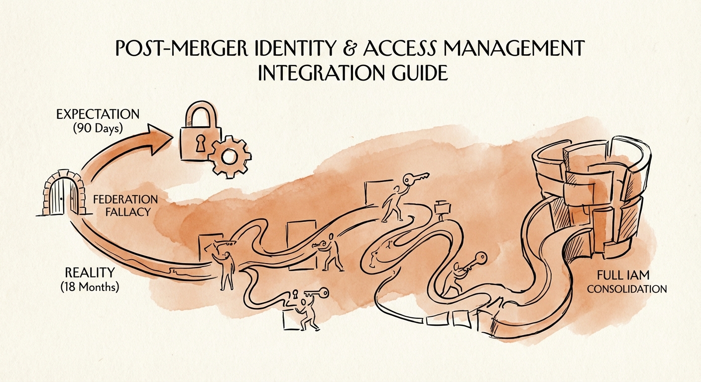 Timeline graphic comparing the 'Federation Fallacy' expectation of 90 days versus the 18-month reality of full IAM consolidation.