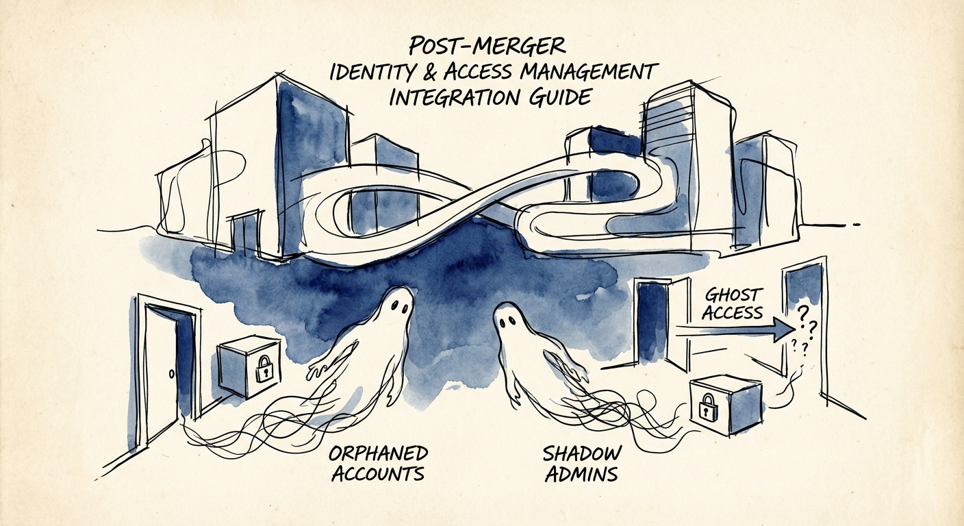 Diagram showing the risks of 'Ghost Access' during post-merger IAM integration, highlighting orphaned accounts and shadow admins.