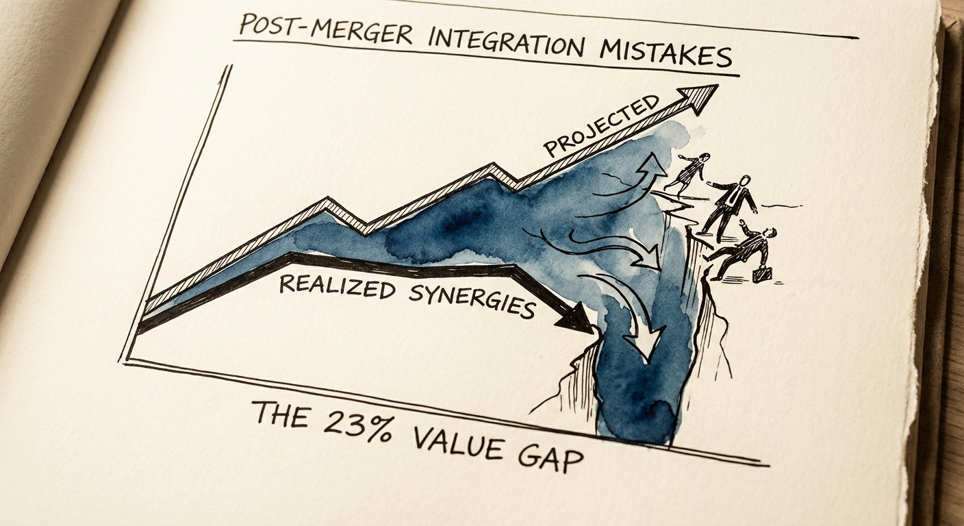 Chart showing the 23% gap between projected and realized revenue synergies in M&A deals