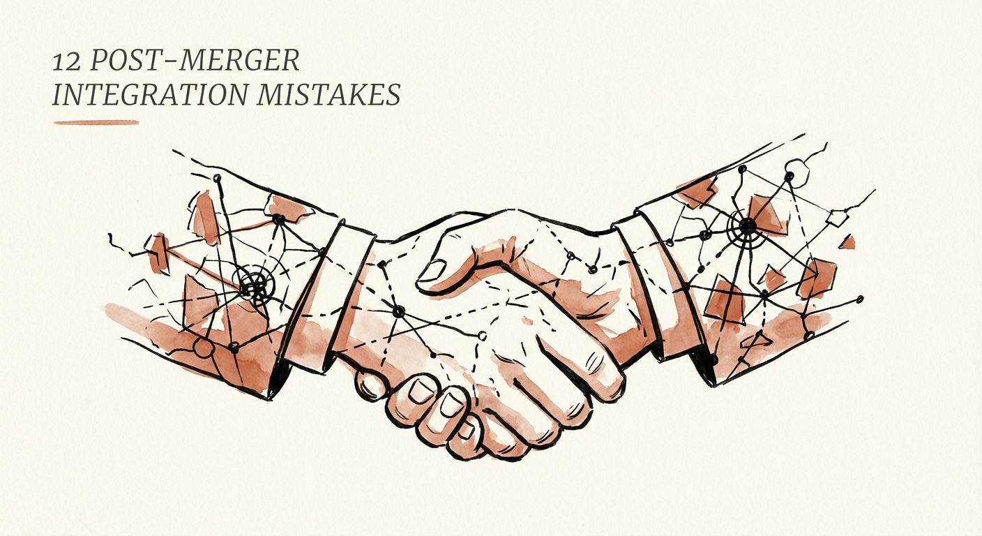 Double exposure of a corporate handshake and a complex digital network map representing M&A integration challenges