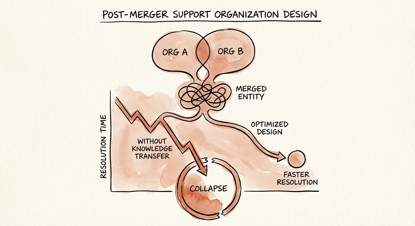 Diagram showing the collapse of support resolution times when two organizations merge without knowledge transfer