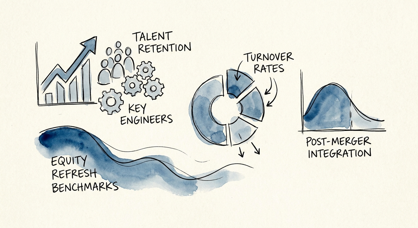 Private equity post-merger integration equity retention dashboard showing engineer turnover rates
