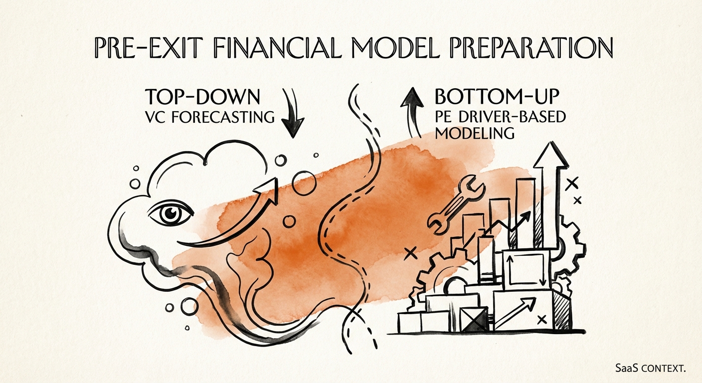 Chart comparing top-down venture capital forecasting vs bottom-up private equity driver-based modeling
