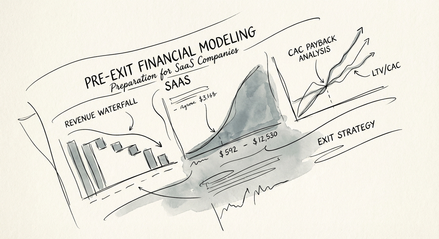 SaaS financial model dashboard showing revenue waterfall and CAC payback analysis