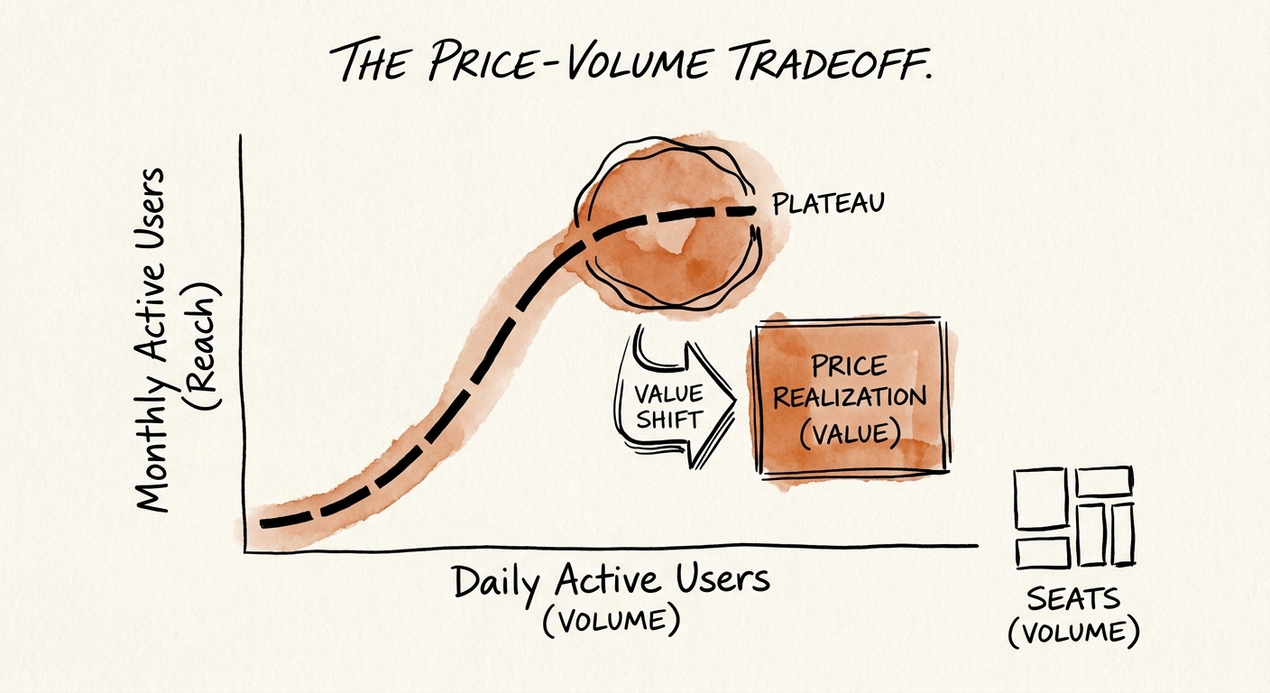 Graph demonstrating the plateau of daily active users vs. monthly active users in enterprise software deployments, highlighting the shift from volume to price realization.